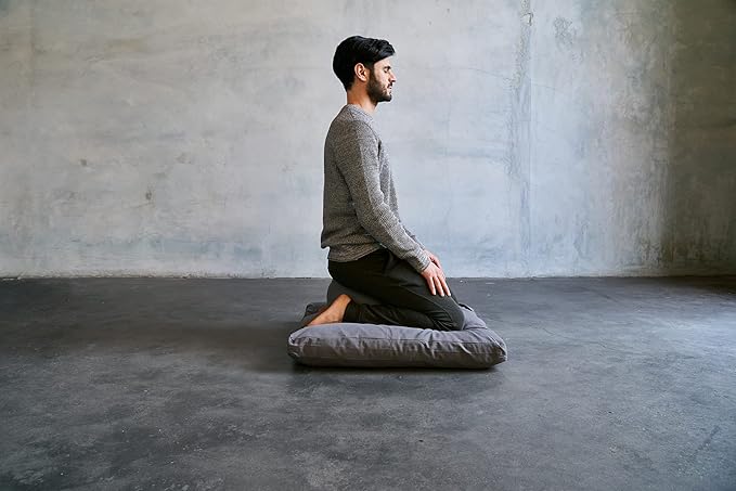 Organic Round Meditation Cushion by renoo - Durable Comfortable Cotton, Linen, Hemp - Modern Zafu - Buckwheat Floor Pillow Yoga Bolster in 15 Colors Removable Cover - 15 inches - Slate