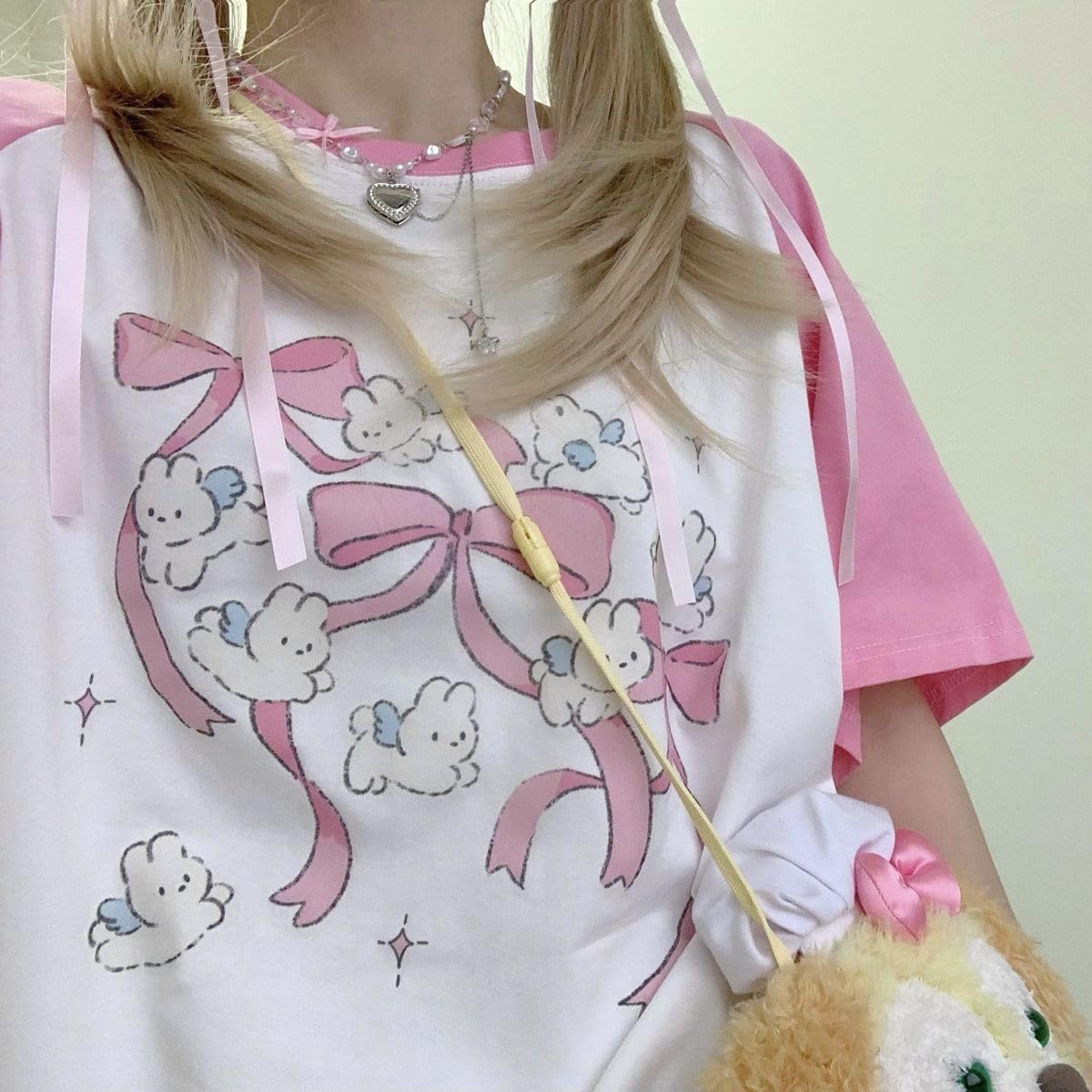 Kawaii Oversized T-Shirt Cute Pink Anime Shirt Japanese Harajuku Patchwork Tee Cartoon Print Loose Teen Girl Plus Size (Pink,Small,Small)