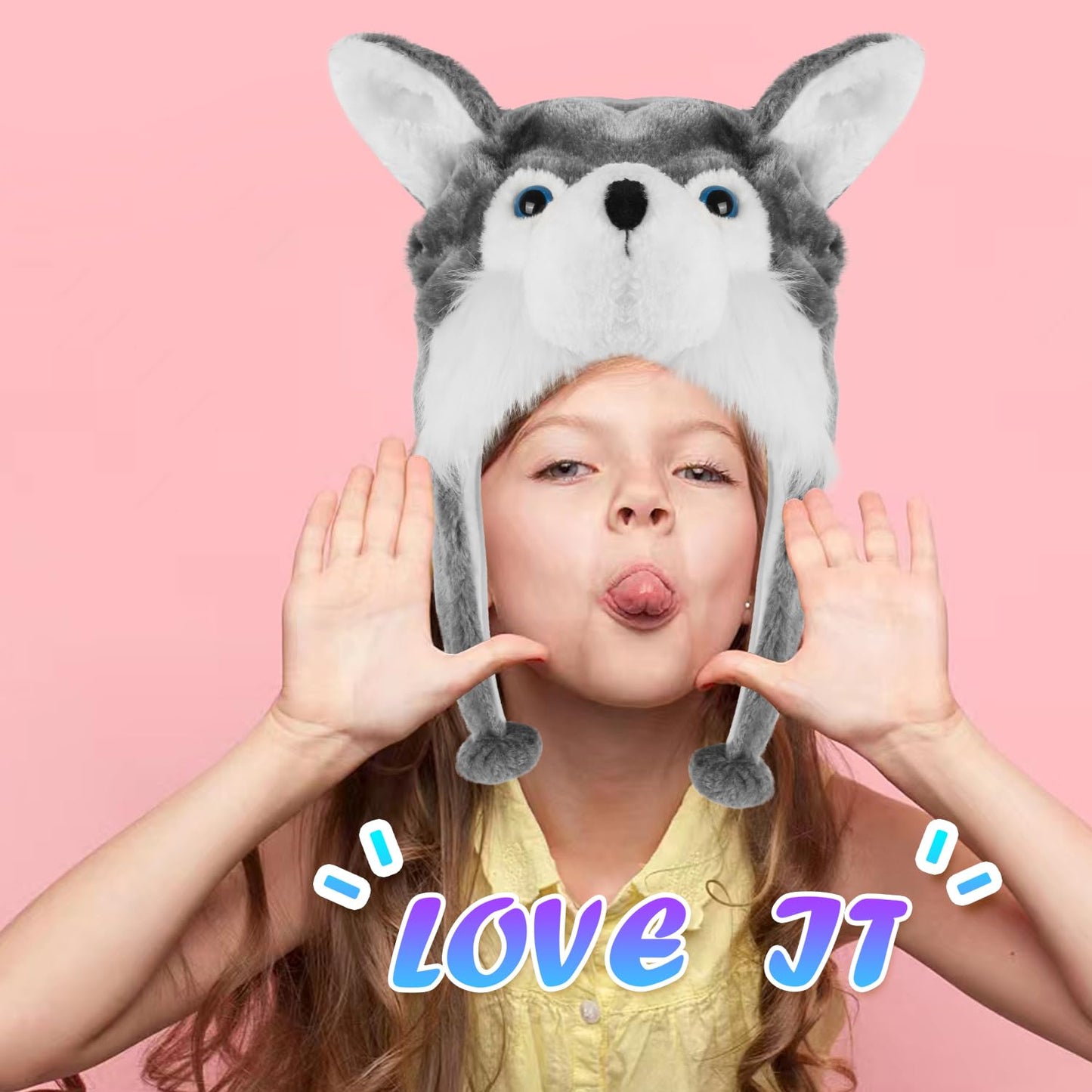 Audaisyly Funny Plush Animal Hat with Ear Flaps, Soft Fleece Hats Cute Bunny Cap for Kids Women Girls Cosplay Party Holiday Gifts (Husky)