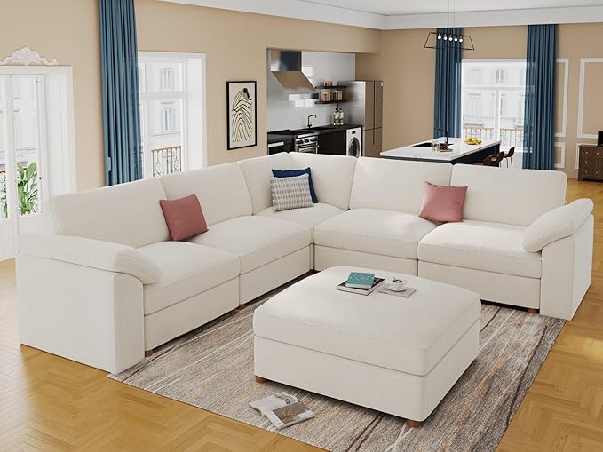 EASE MOOSE Sectional Modular Sofa,Luxury FSC Certified Chenille Comfty Deep Seat Couch for Living Room,Solid Wood Frame Sofa,White