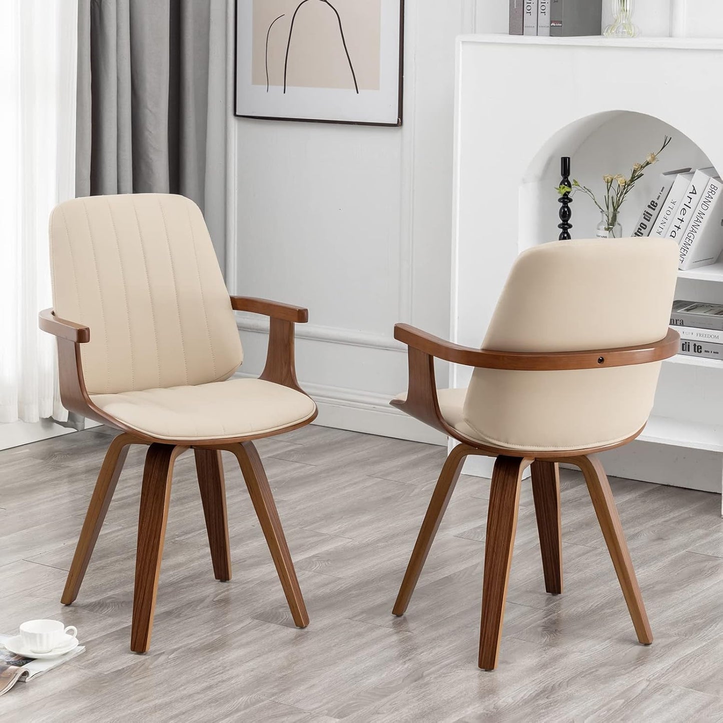 Dining Chairs Set of 2, Mid Century Modern Dining Chairs with Walnut Craftsmanship, Upholstered Faux Leather, Wooden Arms and Legs, Dining Chair with Arms for Kitchen/Living Room (Beige, Swivel)