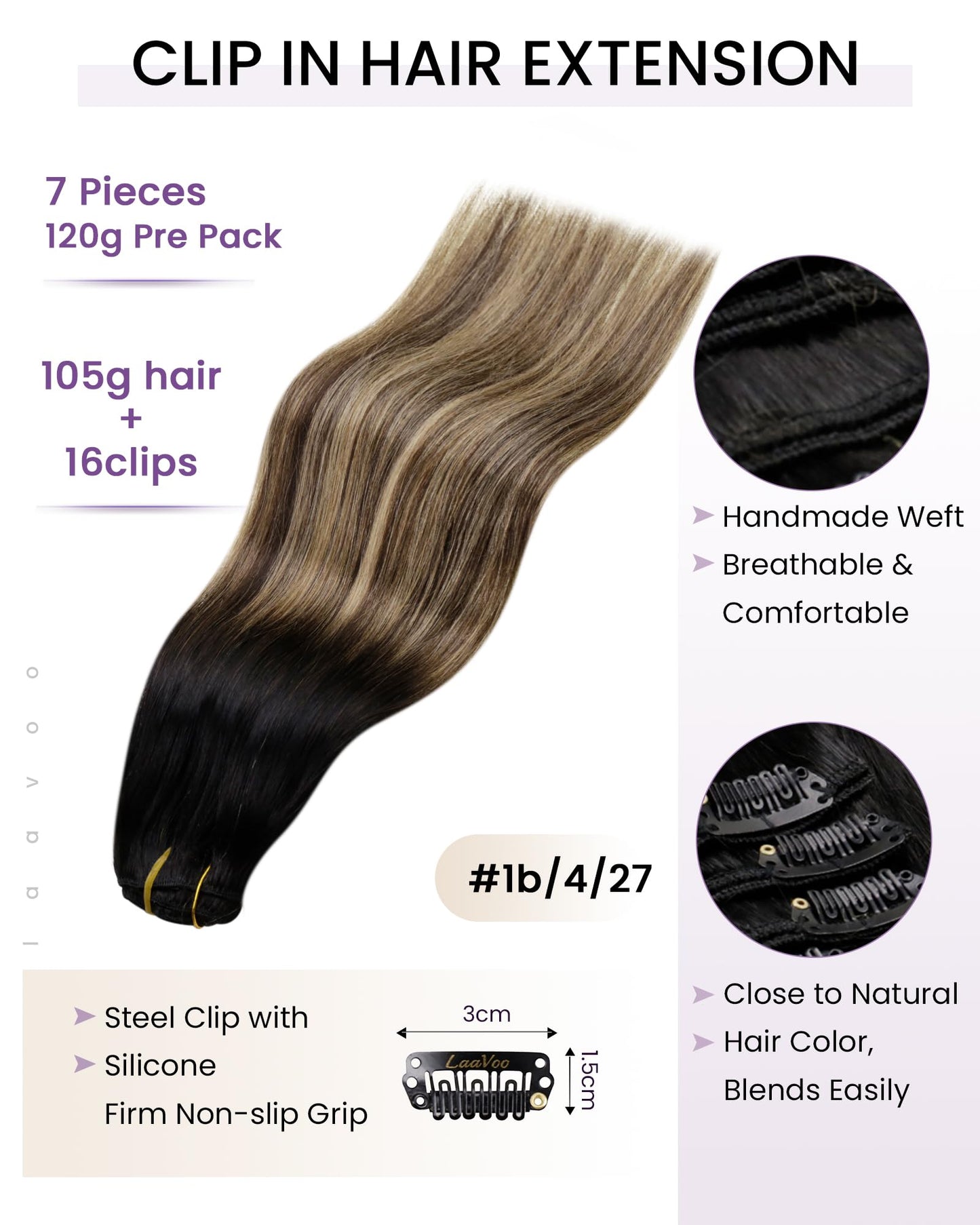 LaaVoo Clip in Hair Extensions Real Human Hair Black Ombre Human Hair Clip in Extensions Black Balayage Brown Mix Caramel Blonde