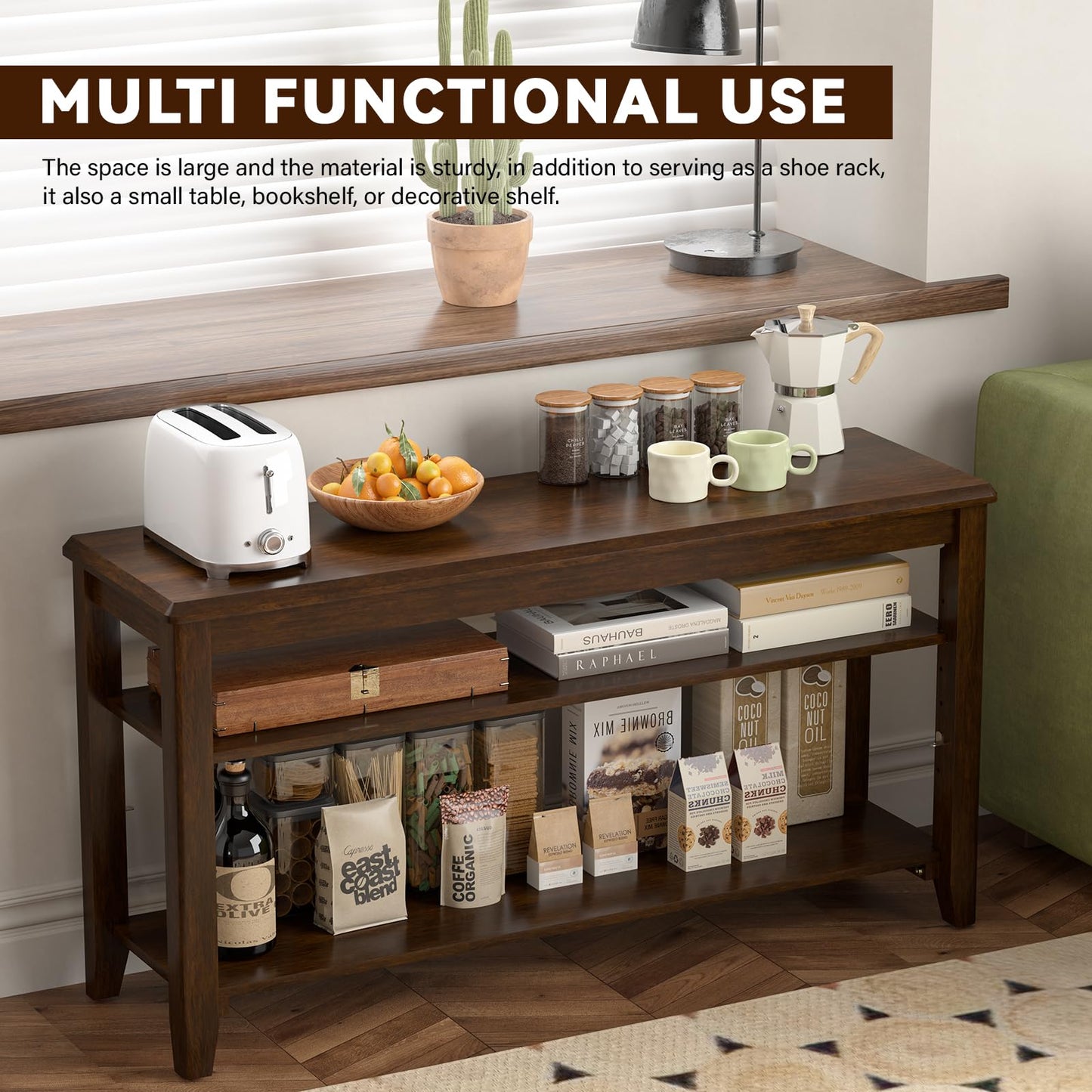 Taitiy Shoe Bench Storage Rubberwood, Entryway Bench with 3-Tiers Height Adjustable, Shoe Rack Front Door Entrance Organizer for Hallway Living Room, Mudrooms, Walnut,31.5"