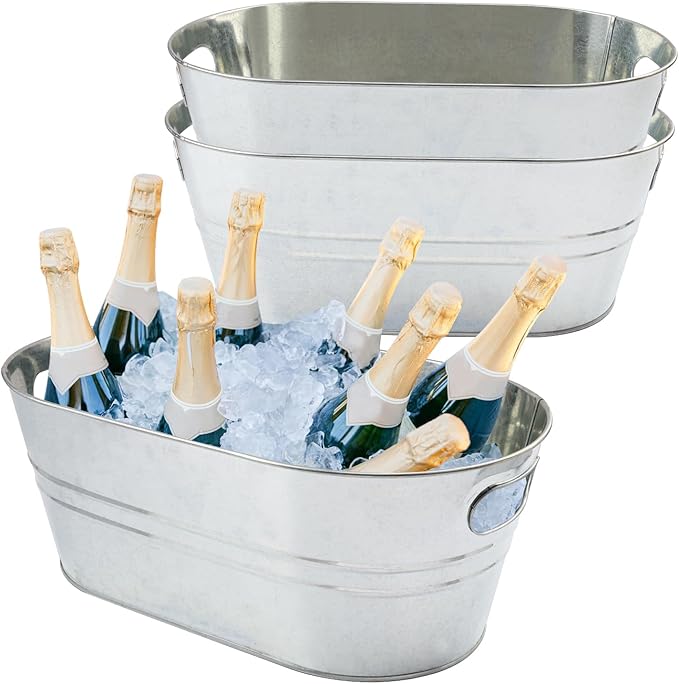 Biugaaufai 3 PCS 15.3 x 9 x 6 inches Silver Metal Galvanized Tub with Handles, 3 Gallon Galvanized Beverage Tubs for Parti...