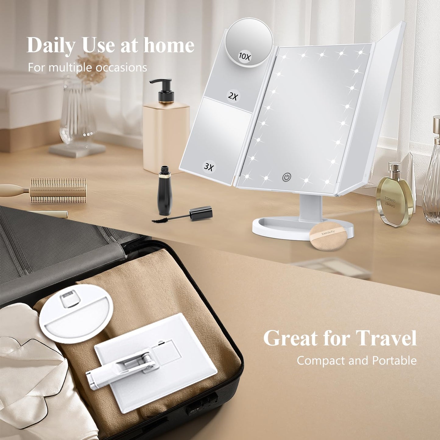HUONUL Makeup Mirror Vanity Mirror with Lights, 2X, 3X, 10X Magnification, Touch Control, Trifold, White, 9.4" L x 13.4" W, Modern Style, Dresser Mount, Bathroom
