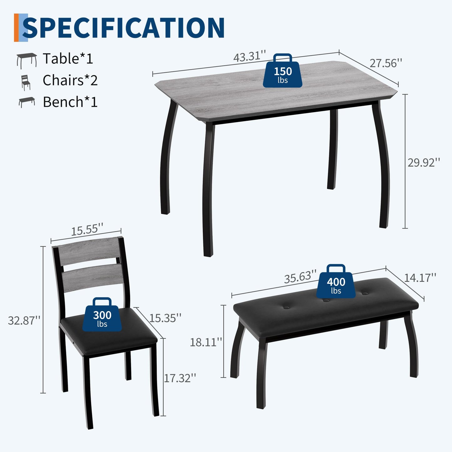 GarveeHome Dining Table Set for 4, Sturdy Wooden Kitchen Table with Chamfer Design and Metal Legs, Upholstered Bench & 2 Classic Dinner Chairs, Kitchen and Dining Set for Home Dinner, Party, Black