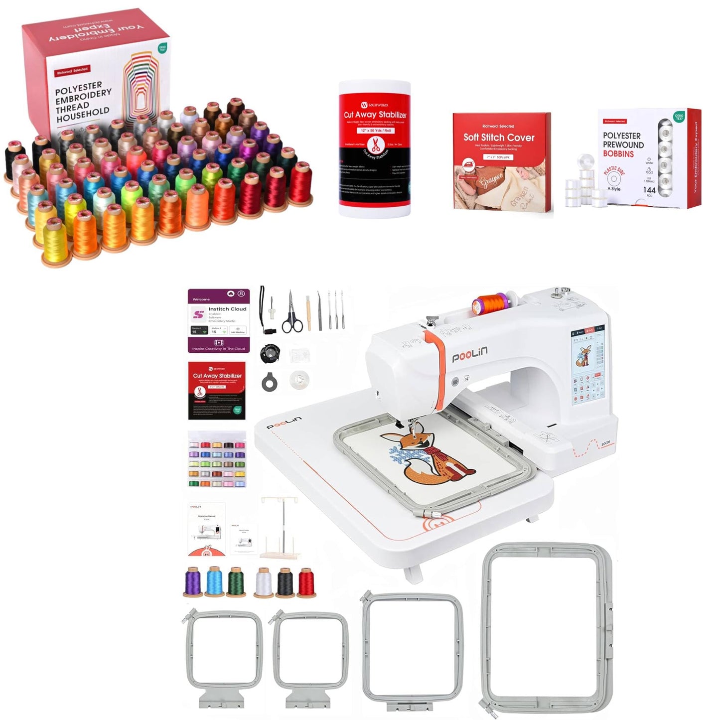 PooLin Pro Bundle for Small Business EOC06 Computerized Embroidery Machine,11"x7.9",7.9"x7.9",5.5"x5.5" with 60 Colors Embroidery Thread,Cloud Cover 7" x 7" (50pcs),Size Bobbins,12*50 yards Cut Away