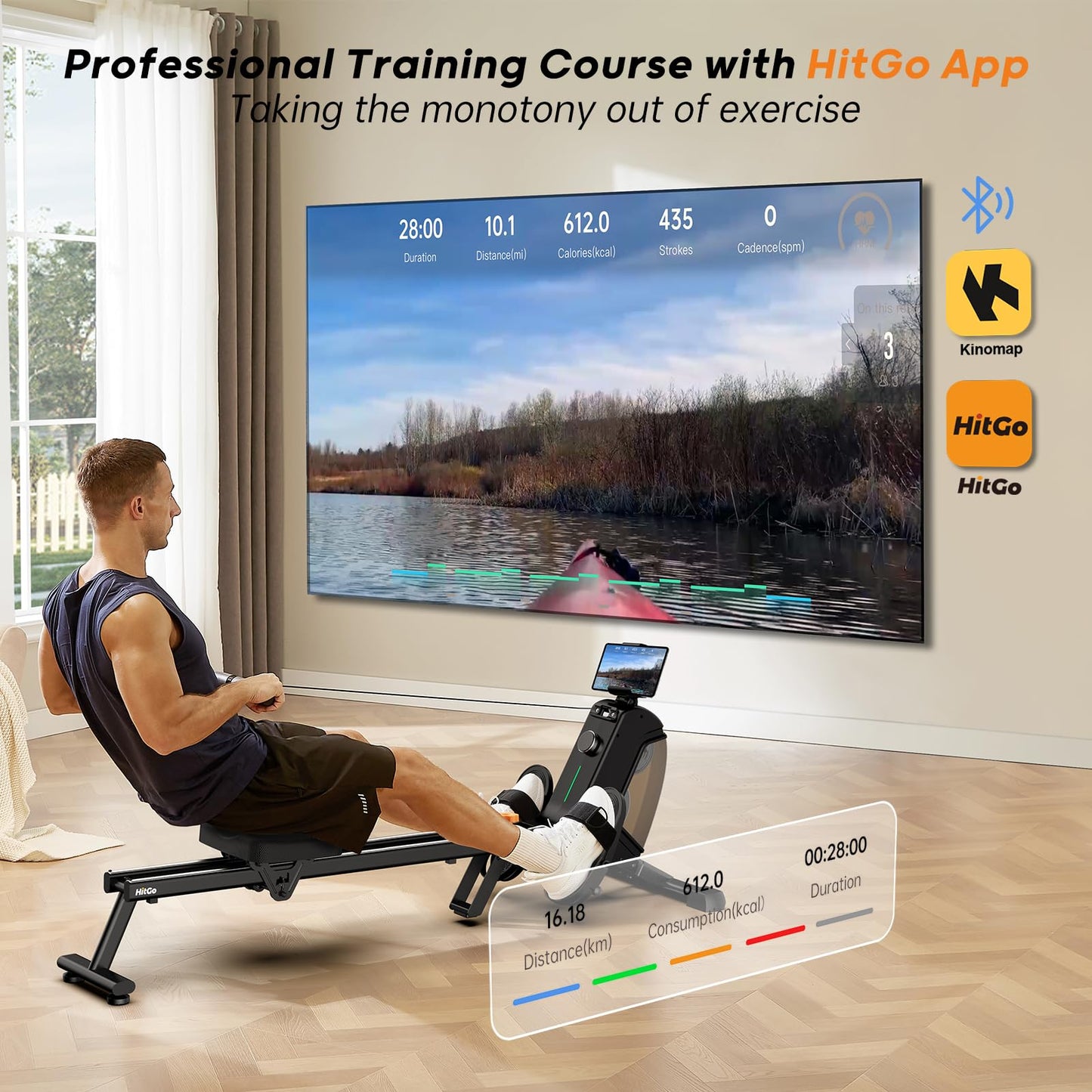 HitGo Magnetic Rowing Machine for Home Use, Foldable Rower with 32 Levels of Silent Resistance, LED Light Effects, Compact Dual Slide Rail, Max 350lb Capacity, Bluetooth & App Compatible