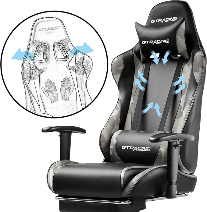 GTPLAYER Gaming Chair with Footrest, Ergonomic Computer Game Desk Chair, Reclining Game Chair Seat Height Adjustment, Swivel Rocker with Headrest and Lumbar (Camouflage)