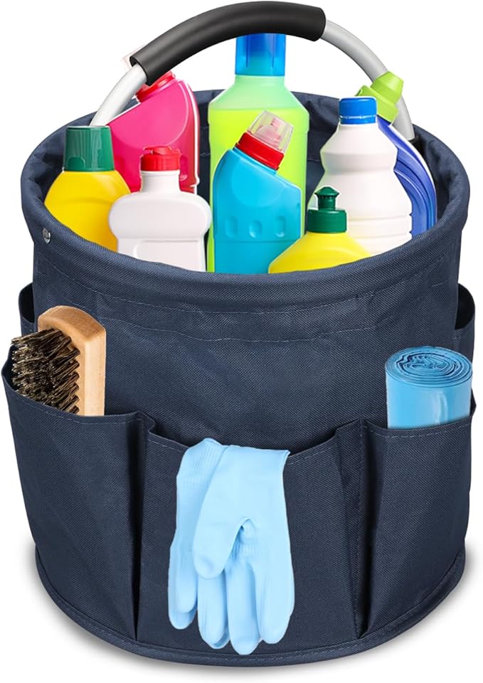 17L Cleaning Caddy with Handle,Foldable Tool Storage Basket,Garden Tool Organizer with 6 Pockets,Portable Cleaning Bucket Organiser for Storing Towels,Home Storage (Navy Blue)