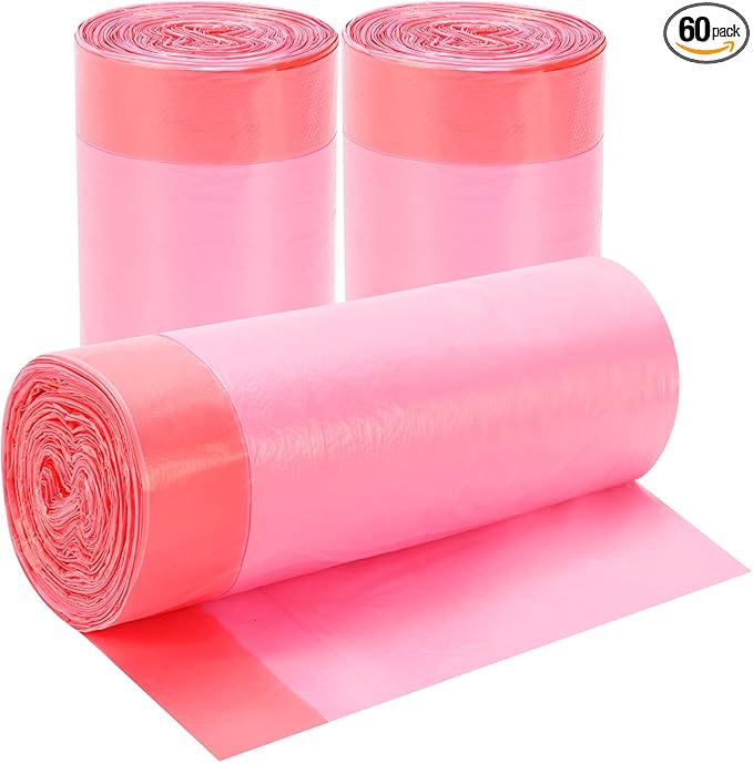 3Rolls Drawstring Small Trash Bags,4 Gallon Thicken Drawstring Small Garbage Bags for Kitchen,Bathroom,Bedroom,Home,Office Trash Cans，60 Counts (Pink)