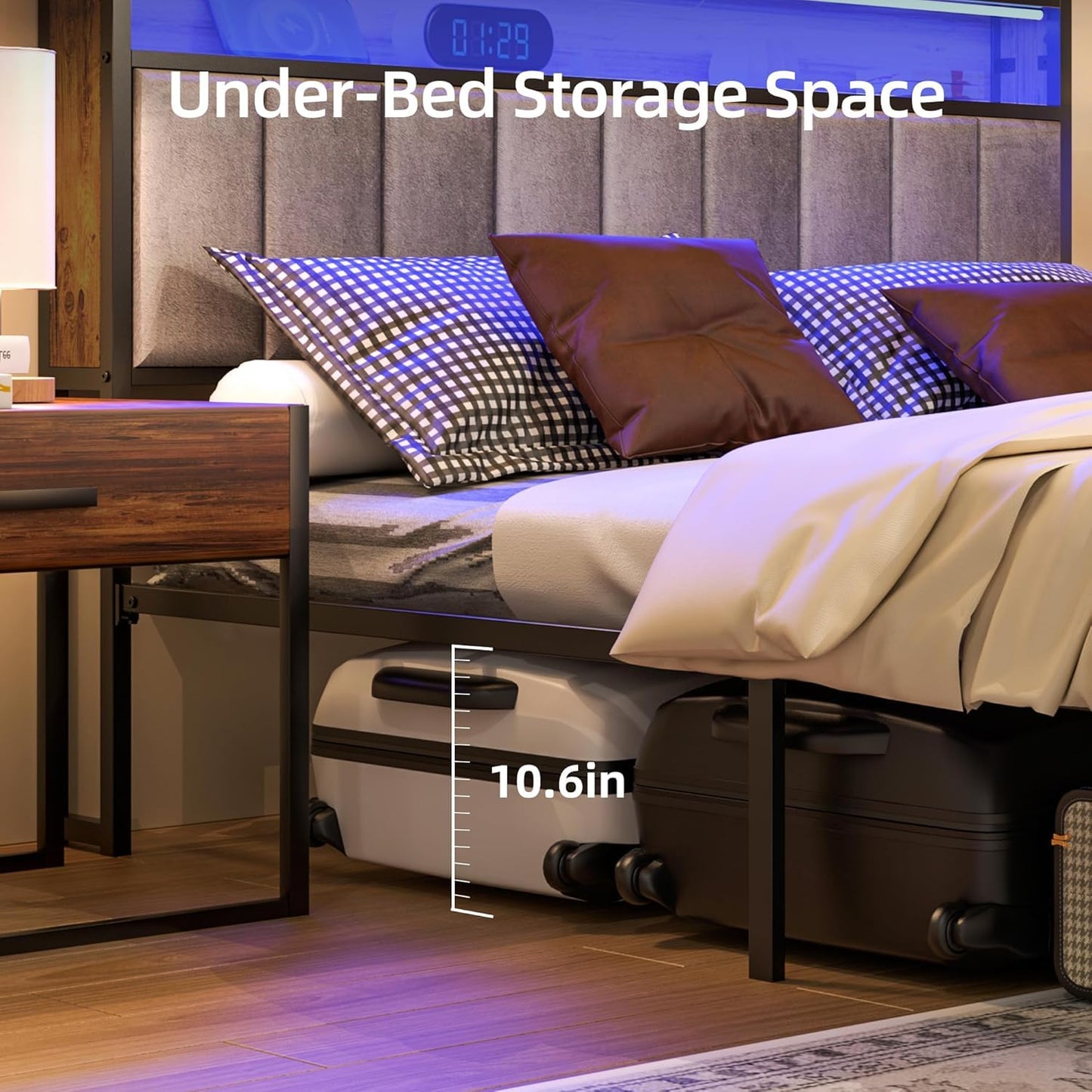 FSJianYi Queen Metal Bed Frame with Charging Station, LED Lights Headboard, Strong Metal Slats Support No Box Spring Needed Noise Free (Queen (U.S. Standard))