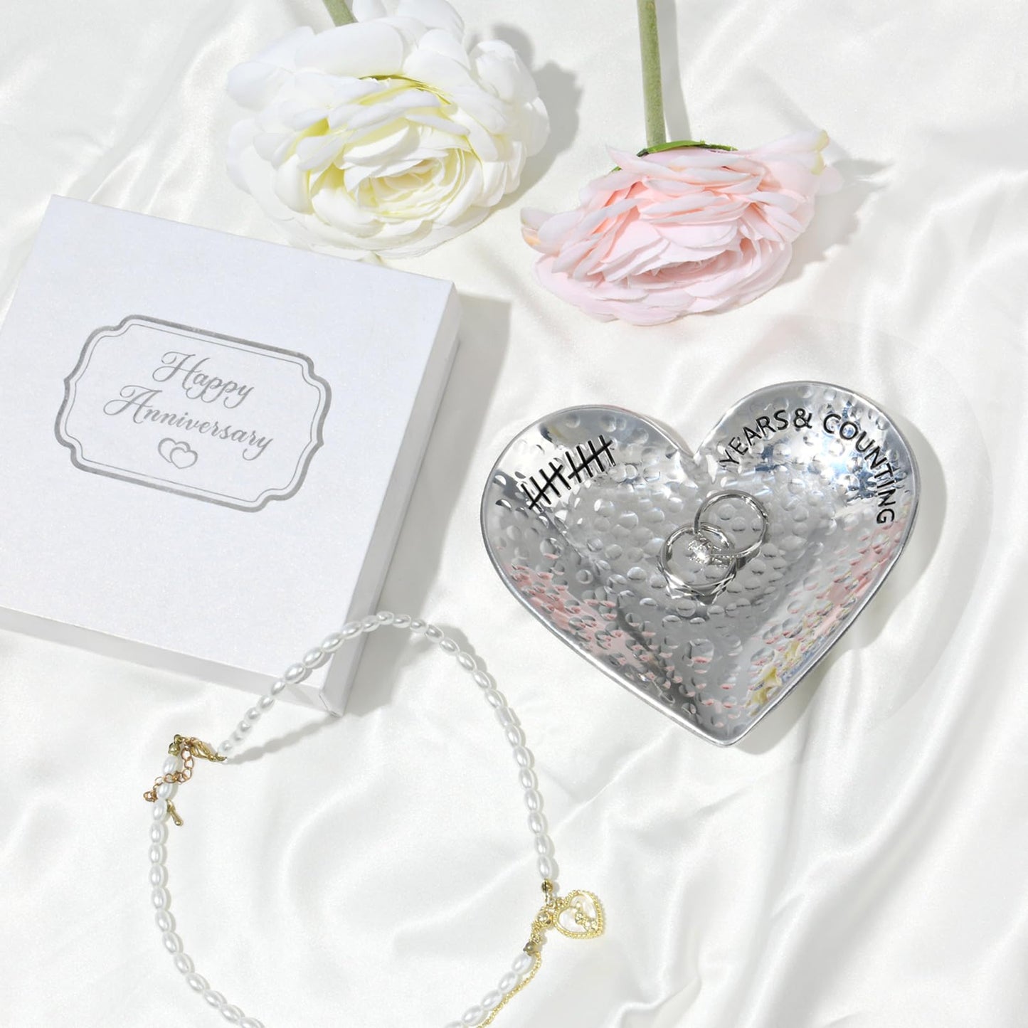 CEELGON 10 Year Wedding Anniversary Tin Gifts 10th Gifts Heart Jewelry Tray Engraved Aluminum Decorative Dish for Couple Him or Her