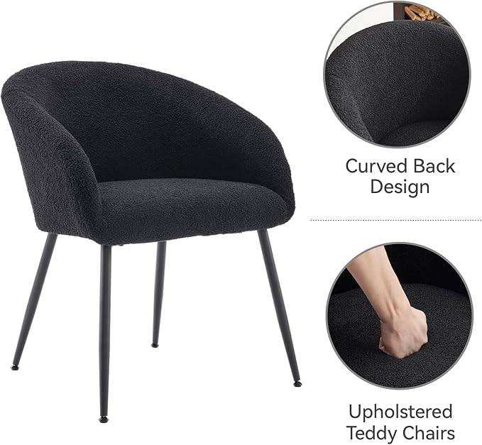 YDcosyfy Modern Small Accent Chair Set of 4, Comfy Sherpa Makeup Vanity Chair with Metal Legs, Decorative Dining Chair no Wheels for Living Room, Dressing Room, Bedroom, Black