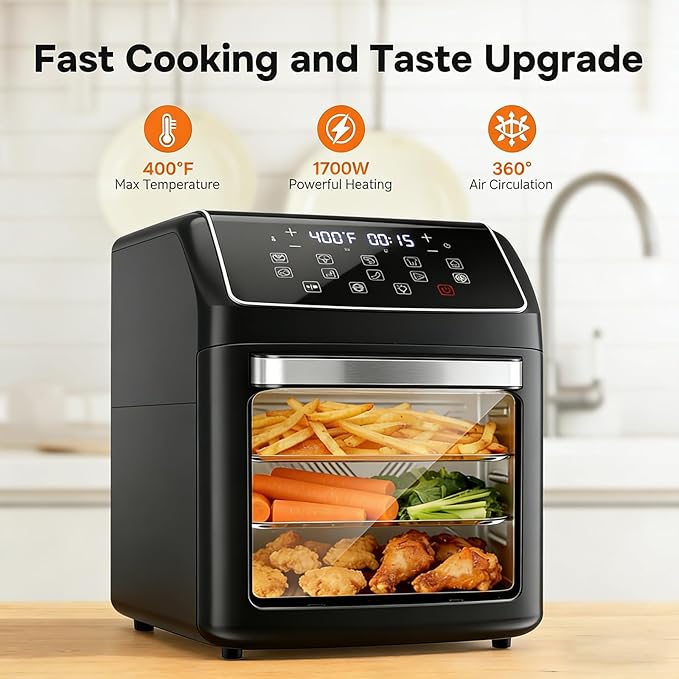 Simple Deluxe 10-in-1 Air Fryer Oven 12.6 Qt, Digital Preset Airfryer with Visible Window, Nonstick and Dishwasher-Safe Basket, Air Fry, Roast, Bake, Dehydrate, Fries, 1700W, Gary