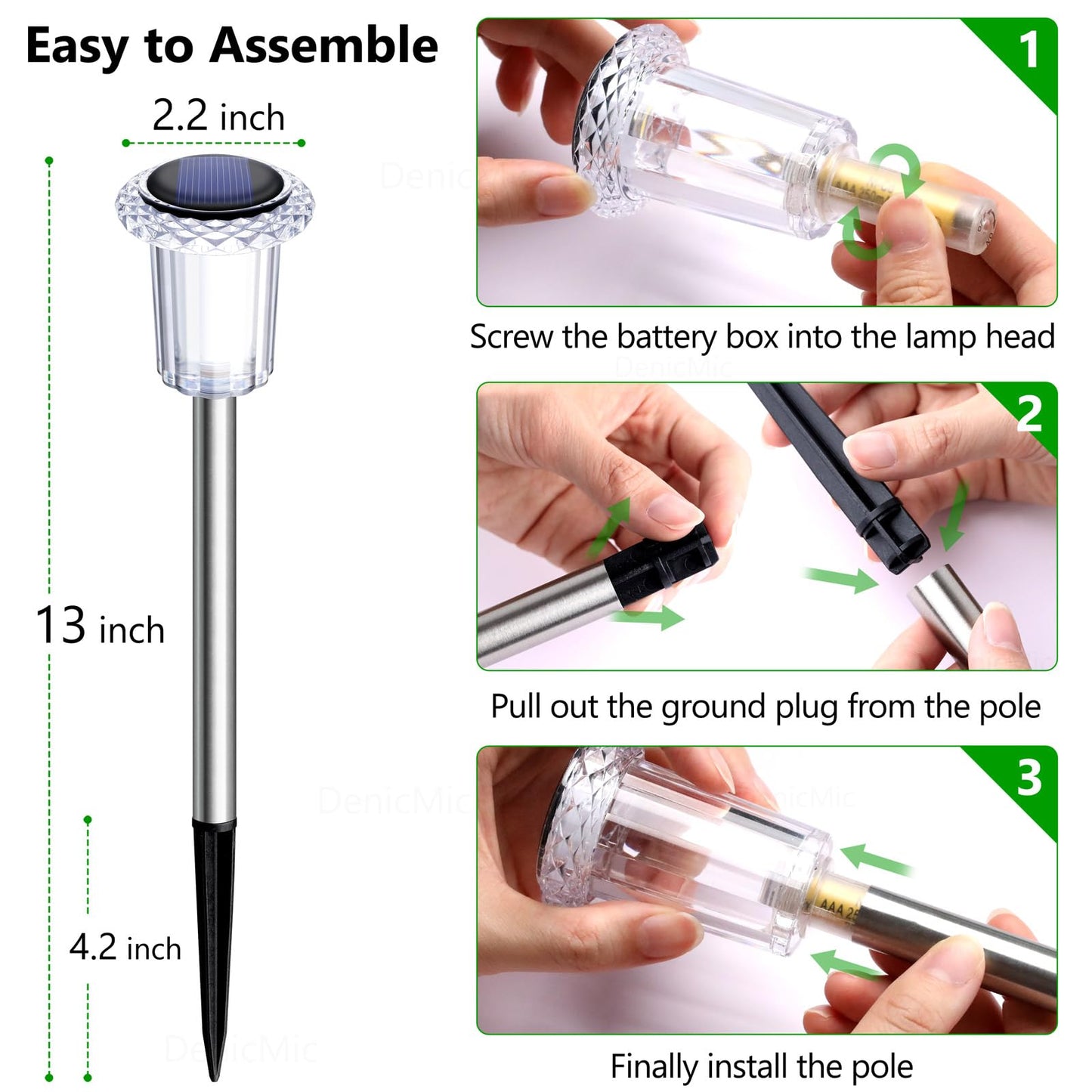DenicMic Solar Lights Outdoor 10 Pack Waterproof 6000K Cold White LED Stainless Steel Stake Outside Lights for Yard Pathway Garden Driveway Walkway Landscape Path Lighting