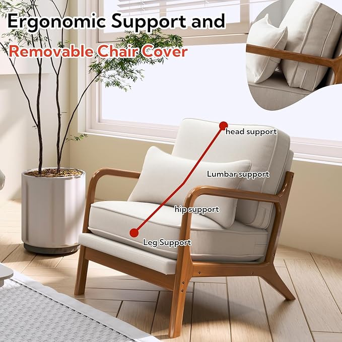 SEYNAR Mid-Century Accent Chair,Linen Fabric Lounge Chair with Wide Armrest,13-16.5'' Low Seat Height Armchair with Lumbar Pillow & Solid Wood Frame for Living Room, Bedroom, Balcony(Beige)