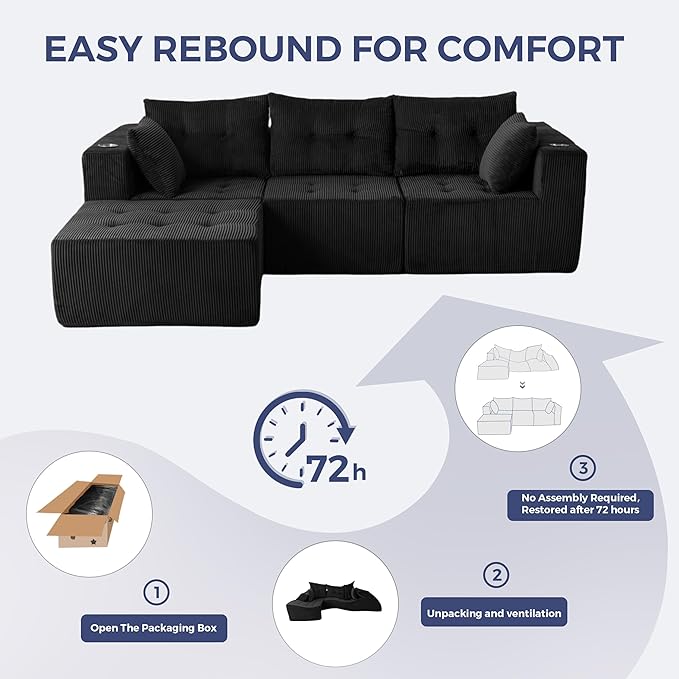 MAXYOYO Modular Sectional Sofa Couch, L Shaped Modern Cloud Couch with 1 Ottoman, Sofa in A Box, Tufted 4-Seat Boneless Sleeper Chair for Living Room, No Assembly Required, Black