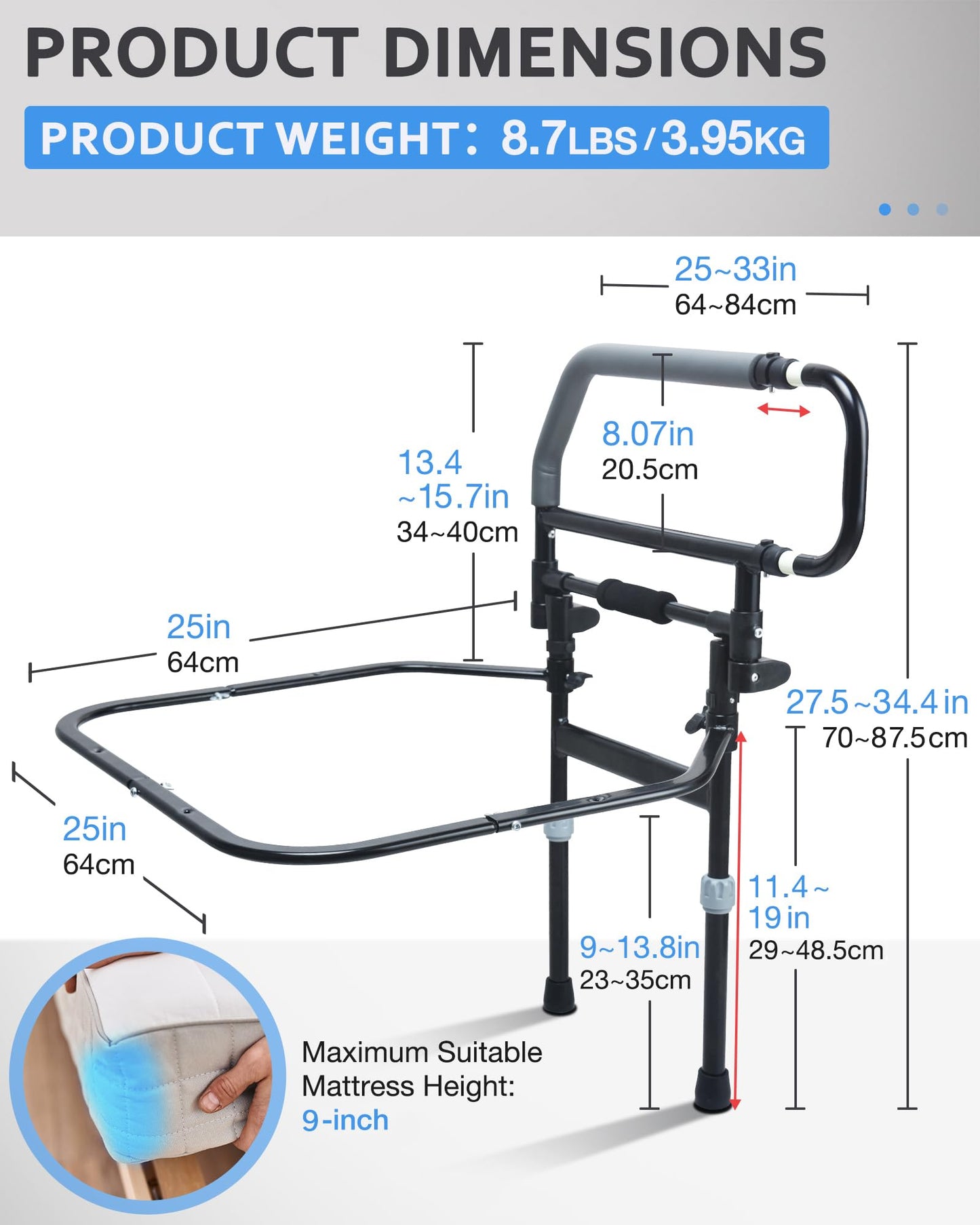 Sangohe Heavy Duty Bed Rail for Senior & Elderly and People Falling Out of Bed - Foldable Bed Assist Handle - 504E