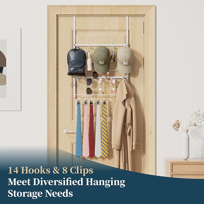 Consumest Over The Door Organizer - 4 Tier Door Hanger Hooks for Hanging Clothing, 24 Inches Long Coat Hanger for Bedroom, Bathroom, Laundry or Dorm Room, White