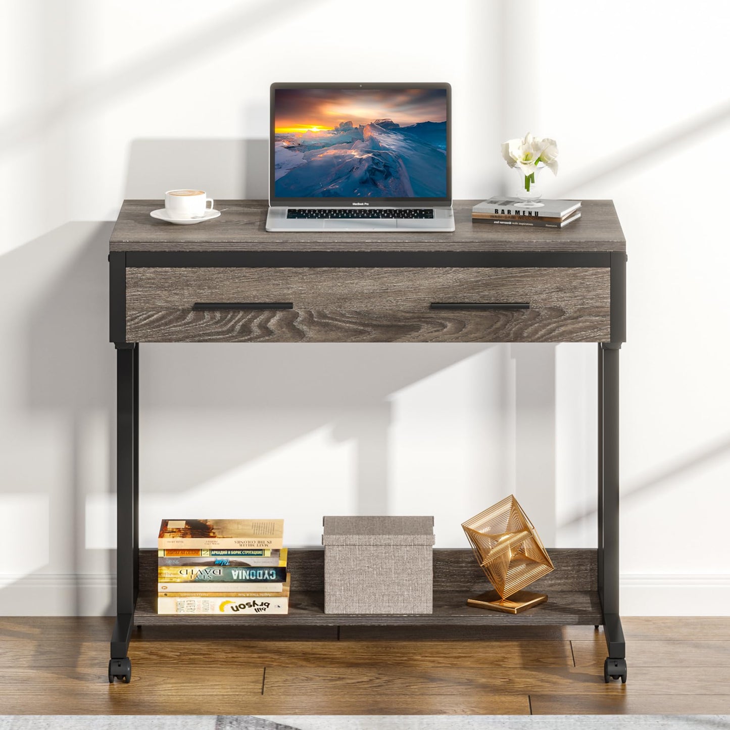 LITTLE TREE Portable Computer Desk with Wheels, Mobile Laptop Desk Table Standing Desk, Small Portable Desk Bed Desk with Drawers for Home Office (Grey, Adjustable Height 27.5'' to 41.3'')