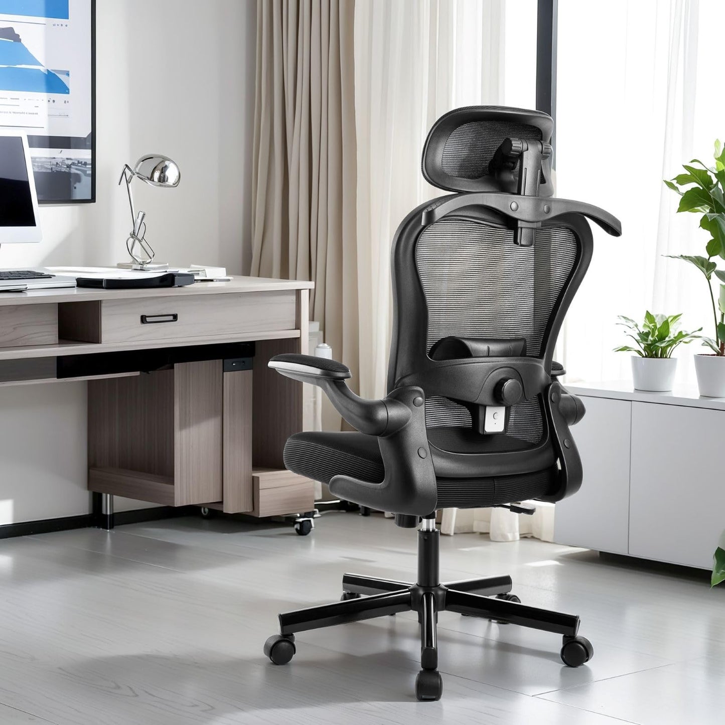 Sophia & William Home Office Chair, Ergonomic Desk Chair with Adjustable Lumbar Support and Headrest, Flip up Armrest,Rocking Office Swivel Chair (Black)