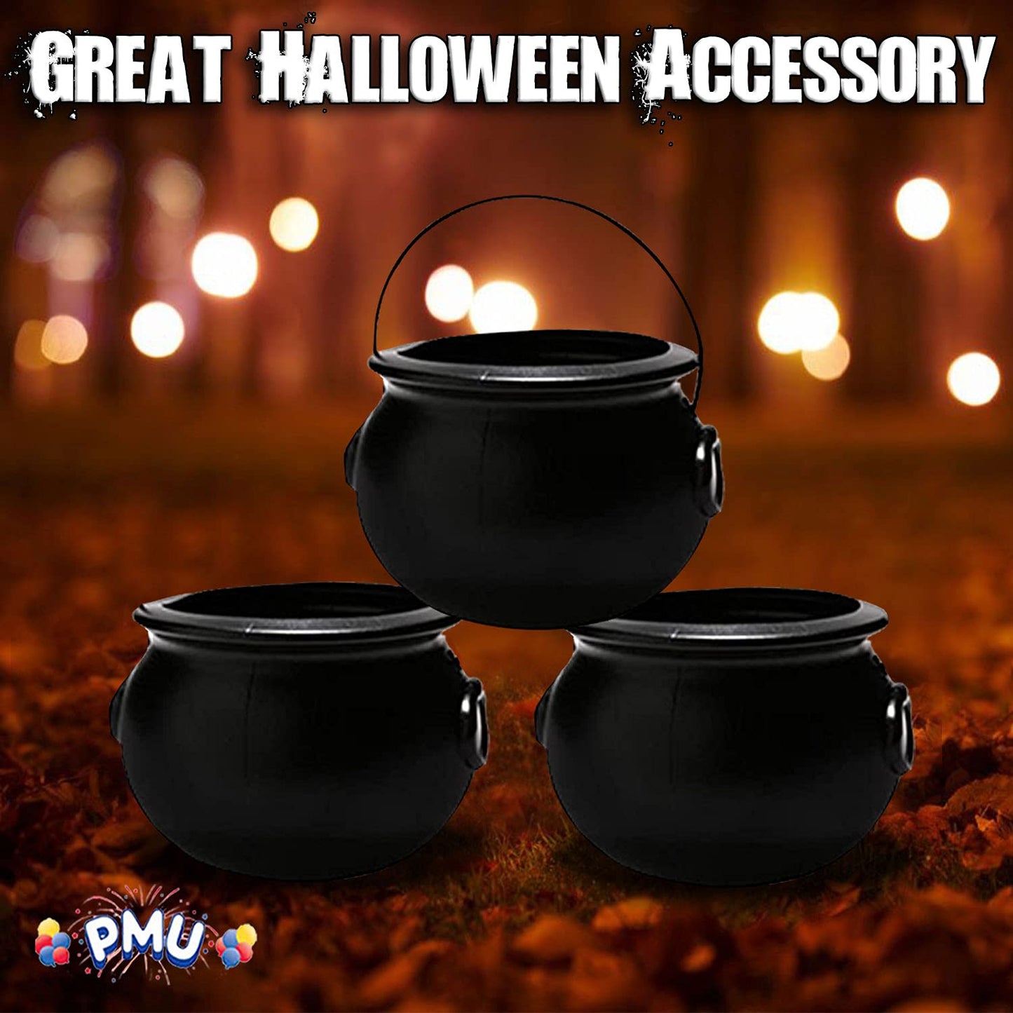PMU 3pc - 6inch Halloween Cauldron - Blow Mold Plastic Party Accessory - Candy Holder for Kids - Halloween Party Favors & Supplies - Black (3/Pkg)