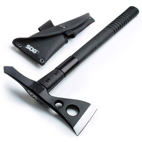SOG Tactical Tomahawk- Throwing Hatchet, Versatile Survival Tactical Axe and Emergency Breaching Tool & Entrenching Tool- 18.25 Inch Folding Survival Shovel with Wood Saw Edge - Black (F08-N)