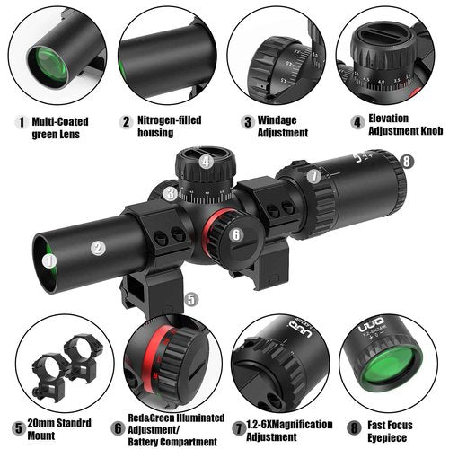 UUQ 1.2-6x24 Rifle Scope,MOA Reticle,Clear Green-Coated Lens,Tactical Compact LPVO, R/G Dual-Color with 5 Levels Brightness, Turret Lock Features Ideal for Hunting Scope