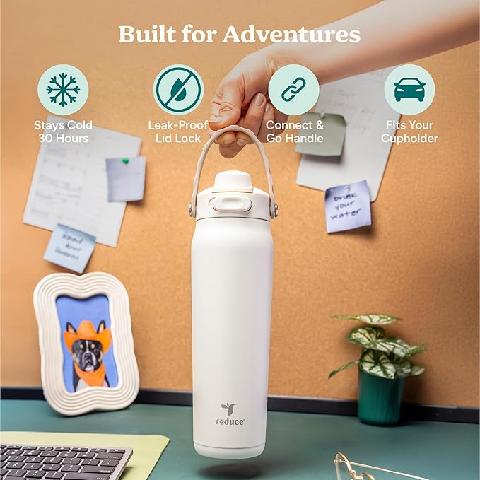 REDUCE Aura Vacuum Insulated 26 oz Water Bottle - Leak-Proof & Chug Spout for Quick Hydration - Keeps Drinks Cold for 30 Hours - Removable Handle for Travel or Gym - Soft Sit Base - Glacier