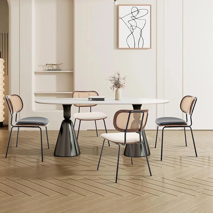 HOCEWI Rattan Dining Chairs Set of 4, Mid Century Modern Dining Chairs with Cane Back for Kitchen Dining Room, 19 Inch Faux Leather Beige