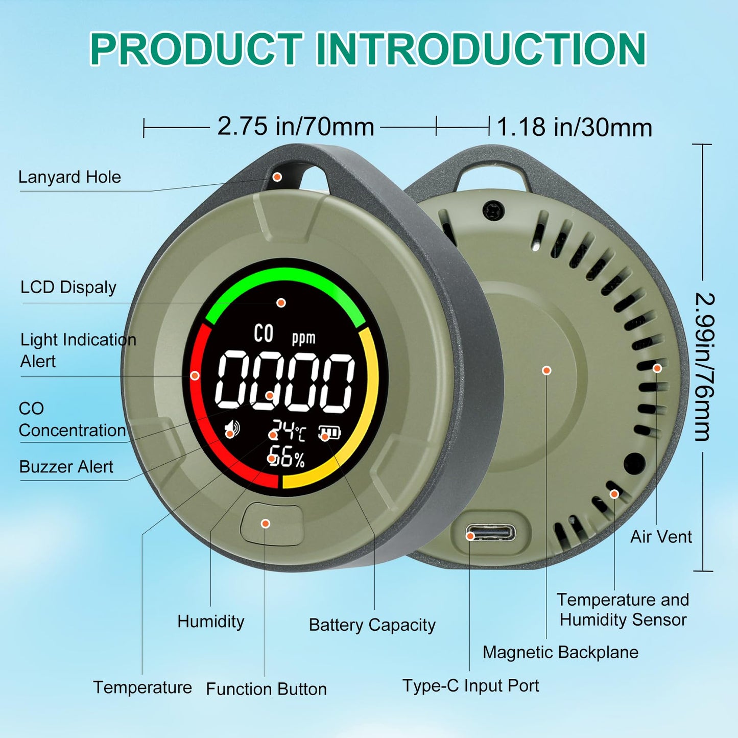 Lunarlipes Portable Carbon Monoxide Detector for Travel, Mini 3-in-1 Carbon Monoxide Monitor with Magnetic Suction, RV CO Detector Alarm Temp/Humidity Sensor, Rechargeable CO Monitor 120-140HR Standby