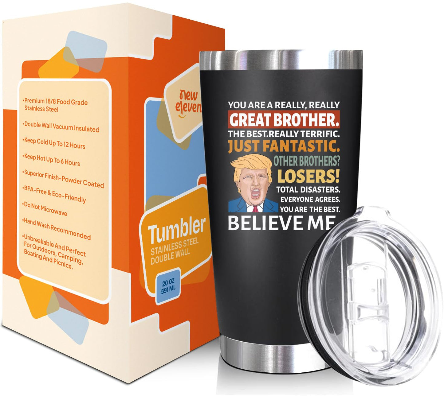 NewEleven Gifts For Brother - Brother Birthday Gifts For Big, Little Brothers, Siblings, Bro In Law - Funny Brothers Gift From Sister, Bro - 20 Oz Tumbler
