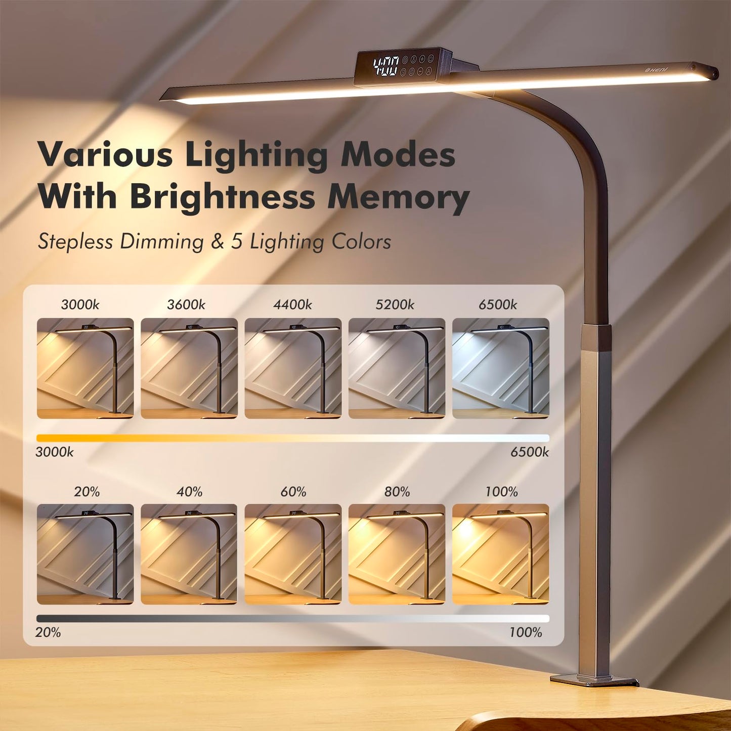 G Keni 3400 Lumen Architect Desk Lamp with Clock for Home Office, 31.5″W x 27″H, Ultra Bright Auto-Fill Brightness Desk Lamps with Timer, Gooseneck Touch LED Light for Work/Study/Read (Clamp)