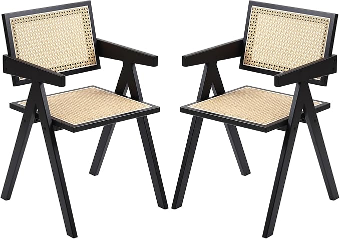 Furlide Rattan Dining Chairs Set of 2, Modern Mid Century Dining Chairs with Arms, Outdoor Bamboo Chairs for Bedroom, Living Room, Reading Room, Black