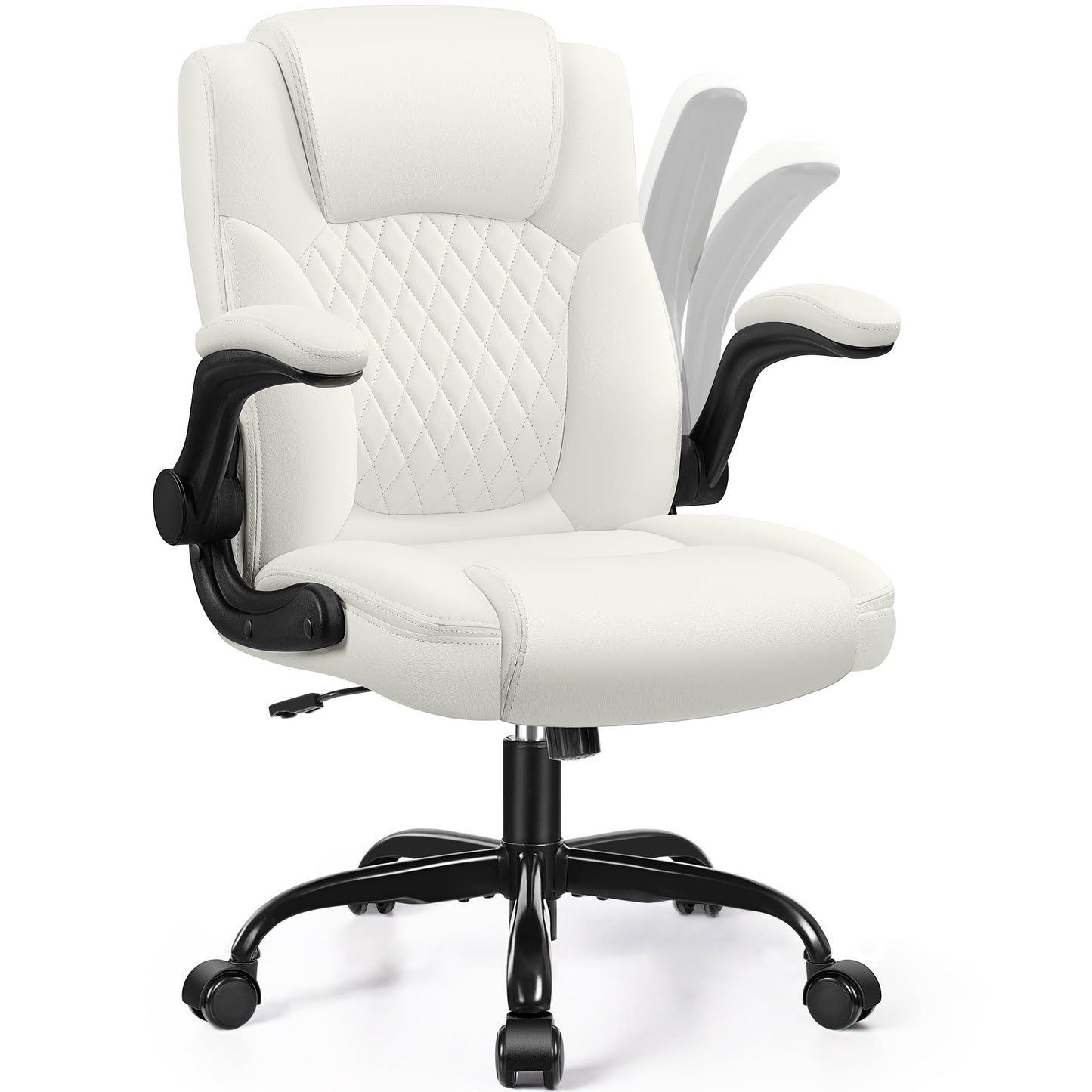 Leather Office Chair, PU Home Computer Desk Chairs with Ergonomic Back Support, 360° Swivel Free，Small Gmaing Chair with Wheels and Adjustable Armrests, for Short People Use, White