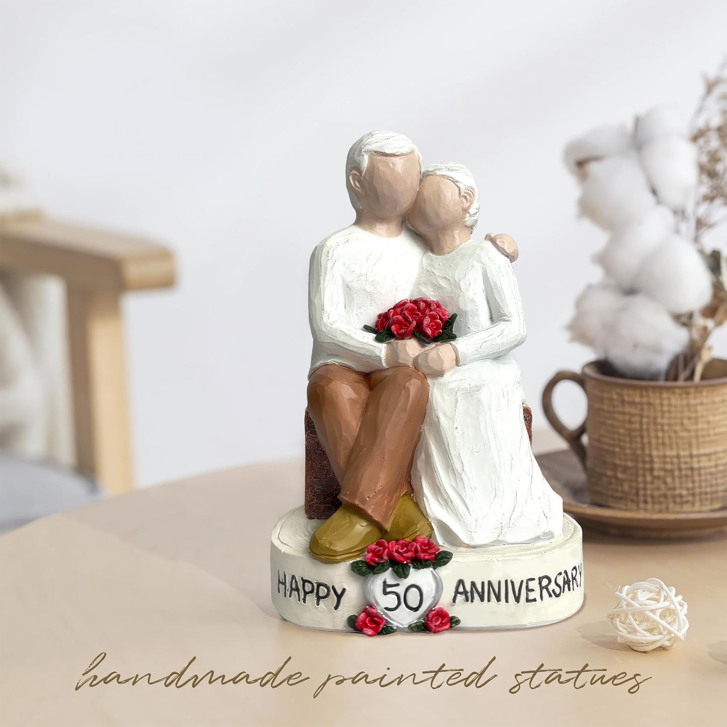Bozspacer 50th Wedding Anniversary Couple Gifts - Loving Elderly Couple Figurines, Hand-Painted Resin Statue for Parents, Grandparents, Old Couple or 50th Marriage Anniversary, 5.9 Inch Tabletop Decor