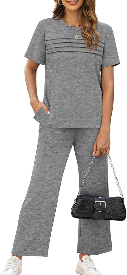WIHOLL Two Piece Sets for Women Summer Travel Vacation Outfits Short Sleeve Lounge Sets Side Slit Wide Leg Pants S-3XL