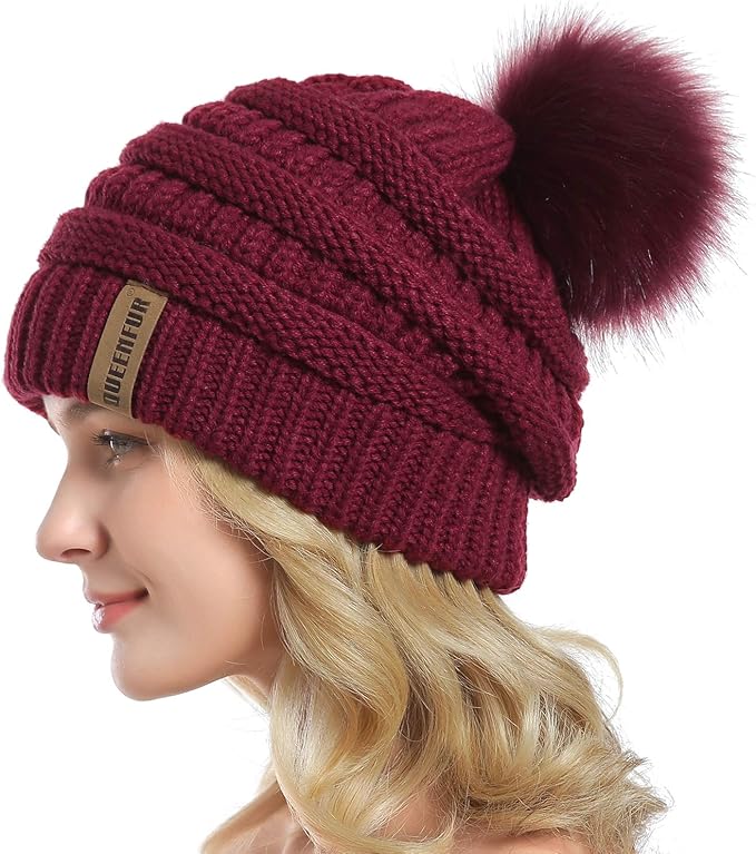 QUEENFUR Women Knit Slouchy Beanie Chunky Baggy Hat with Faux Fur Pompom Winter Soft Warm Ski Cap