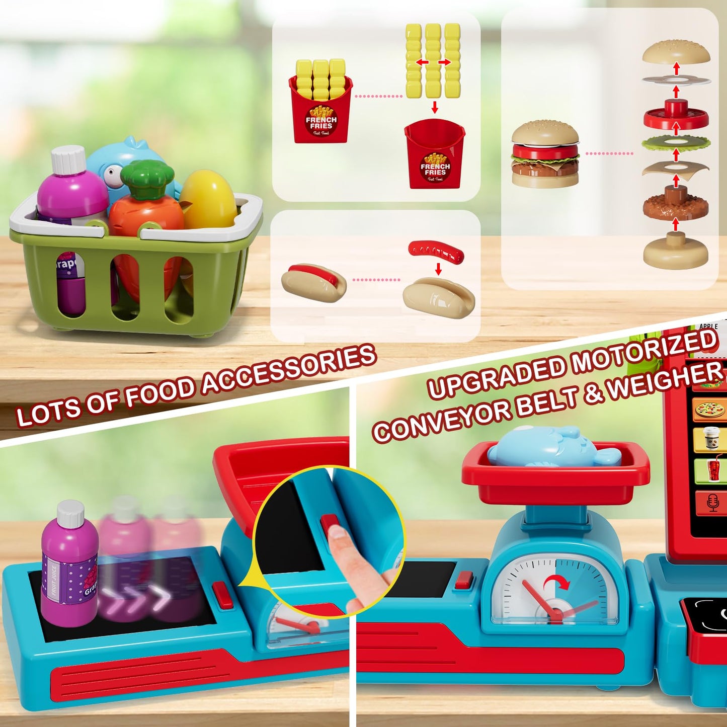 Wee Wonders 63PCS Cash Register for Kids, Kids Cash Register with Real Calculator, Pretend Play Store with Music/Motorized Conveyor/Play Money/Food Toys, Learning Toys for Boys Girls 3+, Red