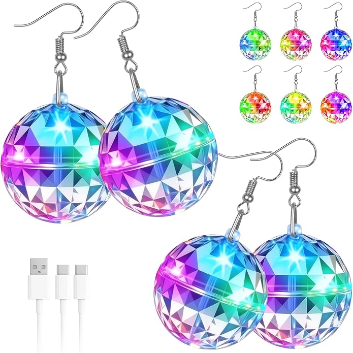 PartyFrenzy 2 Pair Rechargeable Disco Ball Earrings 16 Light Modes, Light up Earrings 32mm Flashing LED Earrings Ball for ...