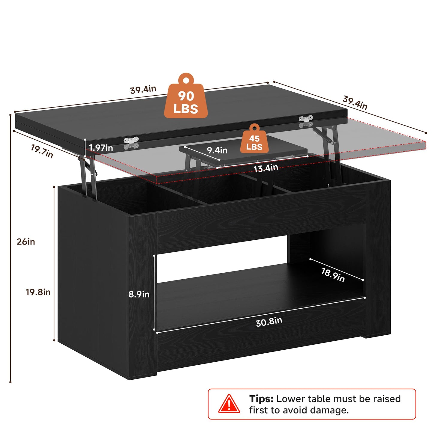 UNIQUITE 40" Lift Top Coffee Table, 4 in 1 Multi-Function Lift Coffee Tables with Storage and Hidden Compartment, Convertible Coffee Table to Dining Table for Living Room, Black