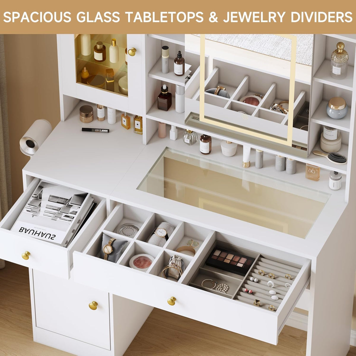 Vanity Desk with LED Lighted Mirror and Jewelry Organizer & Glass Top and Charging Station, Makeup Vanity with 3 Drawers and 2 Storage Cabinets & Hidden Compartment, Dressing Table for Bedroom, White