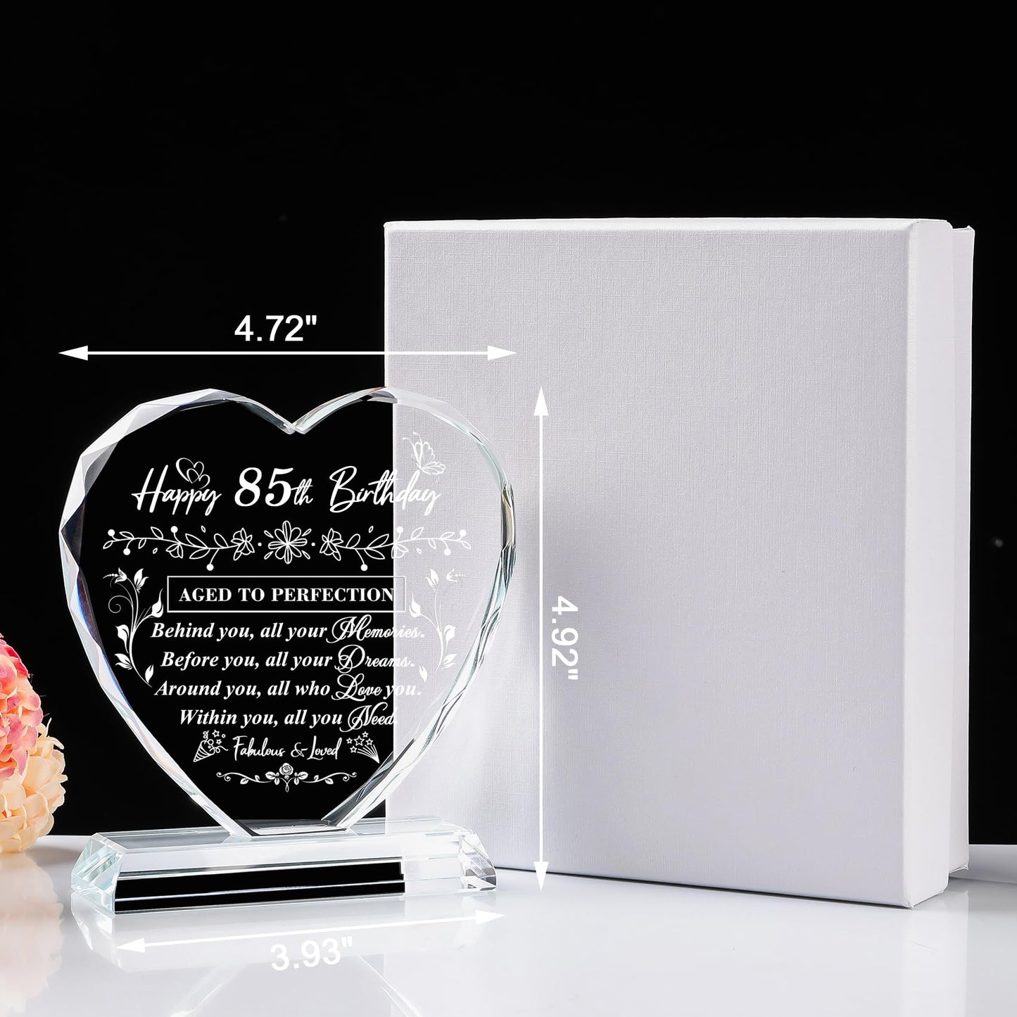 QIANRUNA 85th Birthday Gifts for Women Men, Laser Glass Heart 85th Birthday Decorations Ideas, Happy Birthday Gifts for 85 Year Old Parents Grandparents Husband Wife Mom Dad Friend