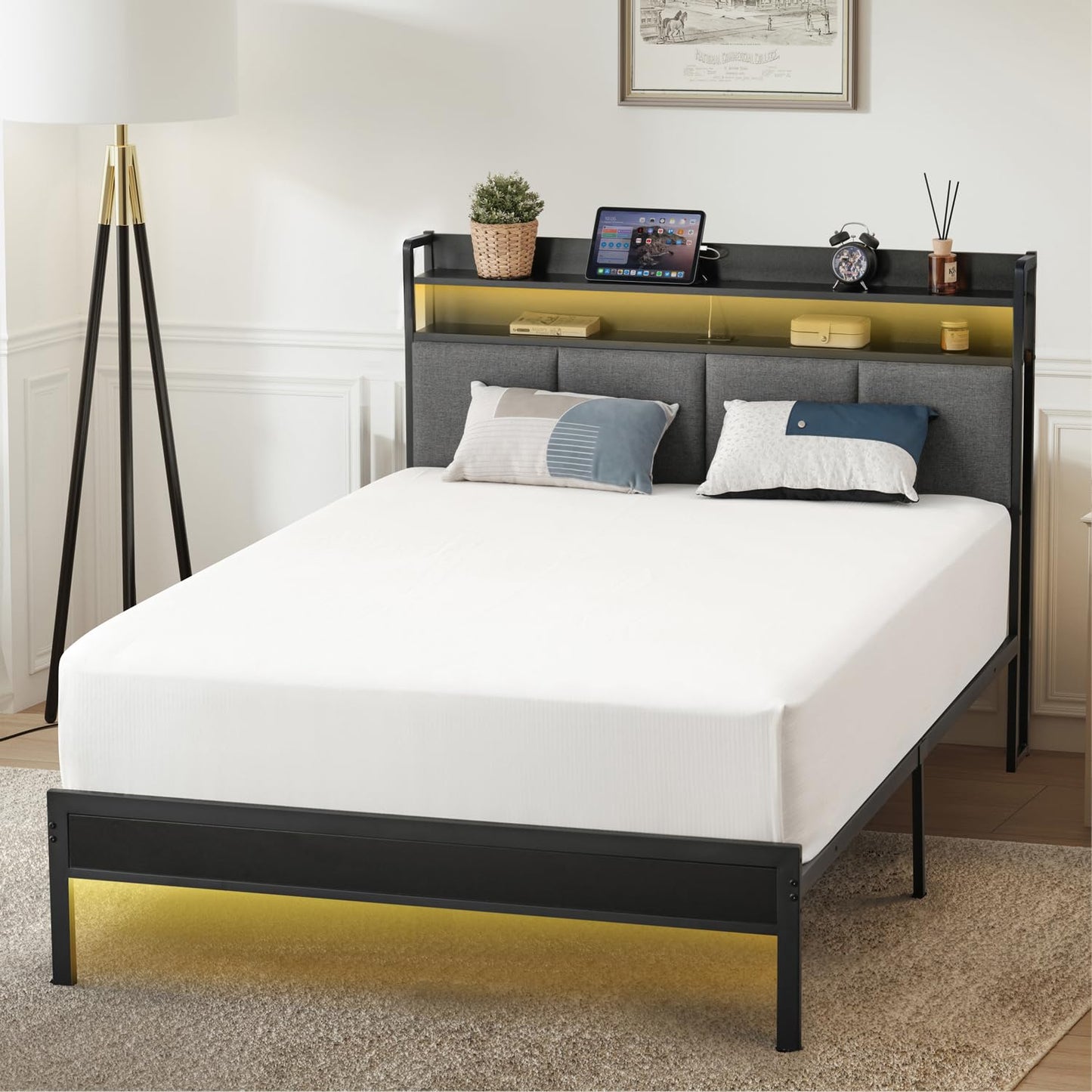 Z-hom Twin Bed Frames, Upholstered Upgraded Metal Bed Frame with LED Lights Headboard & Footboard, Bed Furniture with Charging Station Ports & Storage Shelves, Easy Assembly Bed Frame, Noise Free