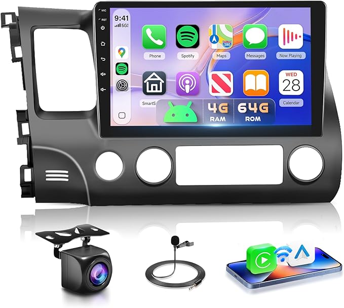Podofo 4G+64G for Honda Civic 2006-2011 Car Stereo Radio 10.1 inch Android 15 Wireless Carplay Android Auto Touch Screen B...