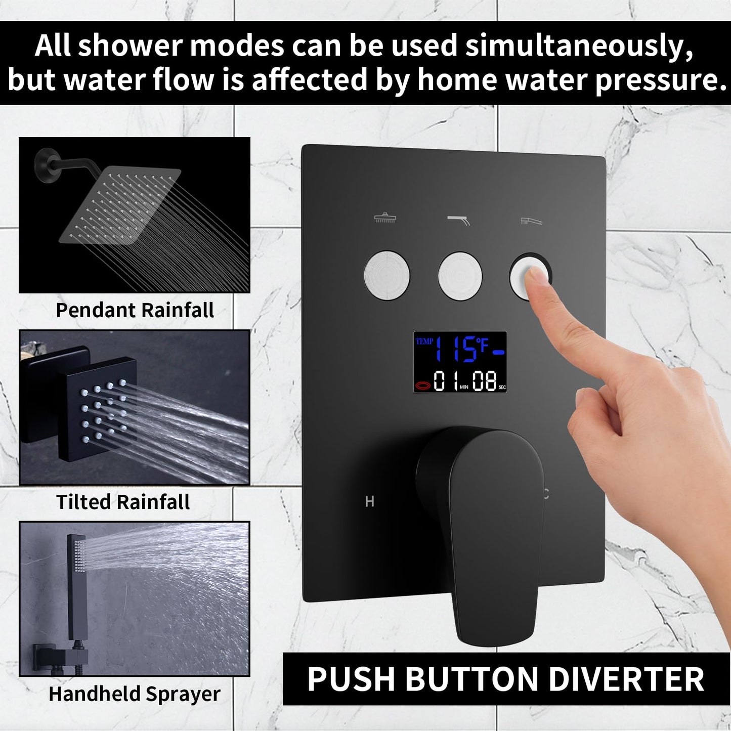HONGTONGSOWER Bathroom Rainfall Shower System Wall Mount 8 Inch Shower Head With Handled Spray 6 Pcs jets Temperature Display Shower Faucet Set (Matte Black)