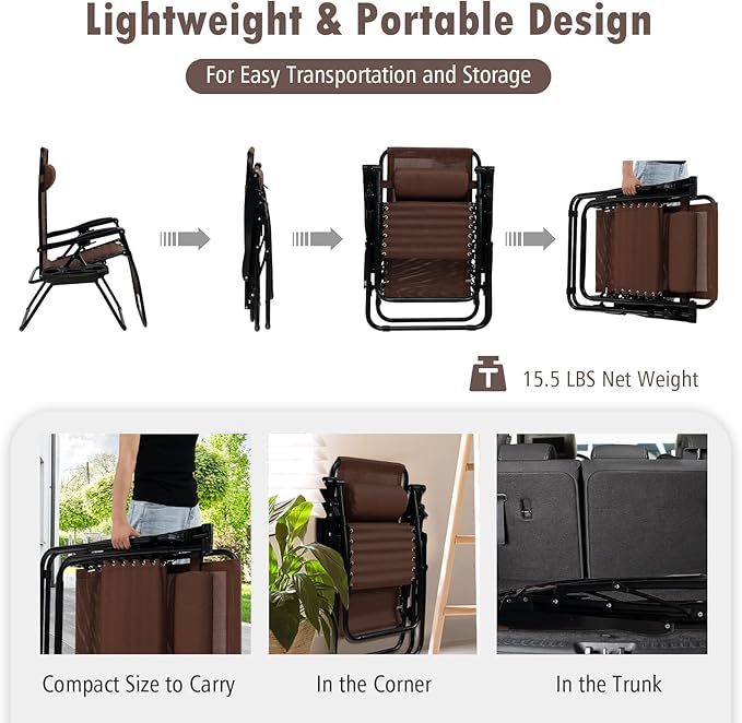 Tangkula Set of 2 Zero Gravity Chair, Folding Patio Lounge Chair Adjustable Outdoor Recliner with Cup Holder, Wide Armrest for Patio Garden Poolside Outdoor Yard Beach, Support 350 lbs (2, Brown)