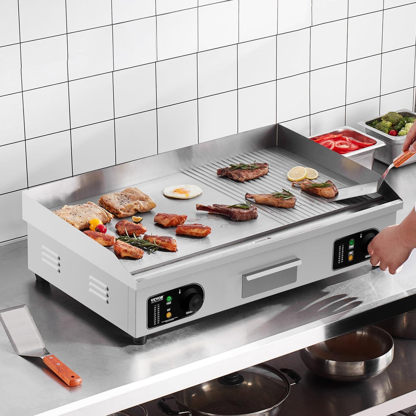 VEVOR Upgraded Commercial Electric Griddle, 2800W Countertop Half-Flat Top Grill, 122℉-572℉ Adjustable Temp, 29'' Stainless Steel Griddle Grill for Home or Restaurant(No Plug)