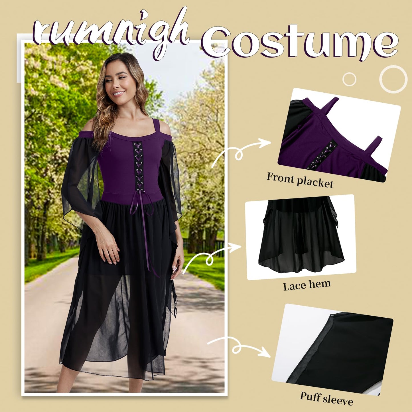 rumnigh Renaissance Gothic Dress for Women Victorian Flare Long Sleeve Sexy Dress Cosplay Party Halloween Costumes for Womens (Purple, Large)